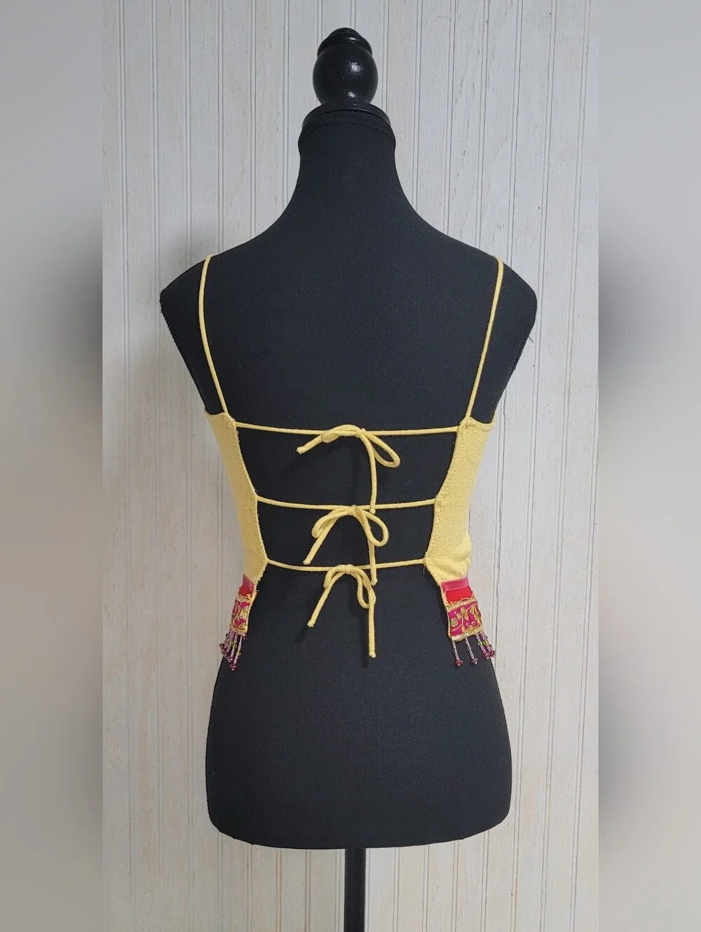 Vintage 90s Y2K Cache Yellow Beaded Fringe Open Back Cami Crop Top Large - Picture 2 of 13